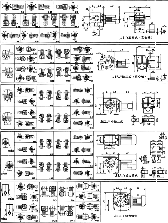 JS系列斜齒輪-蝸輪減速機(jī)安裝方位和尺寸圖表(JS37-JS97)