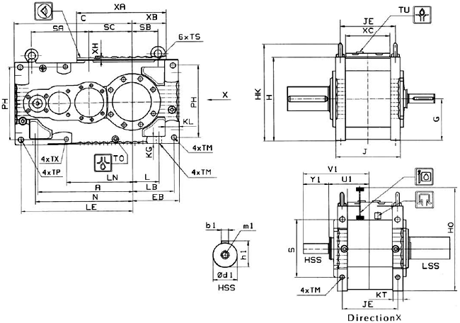 MC系列硬齒面中型齒輪減速機安裝尺寸(3級斜齒輪減速器水平安裝)